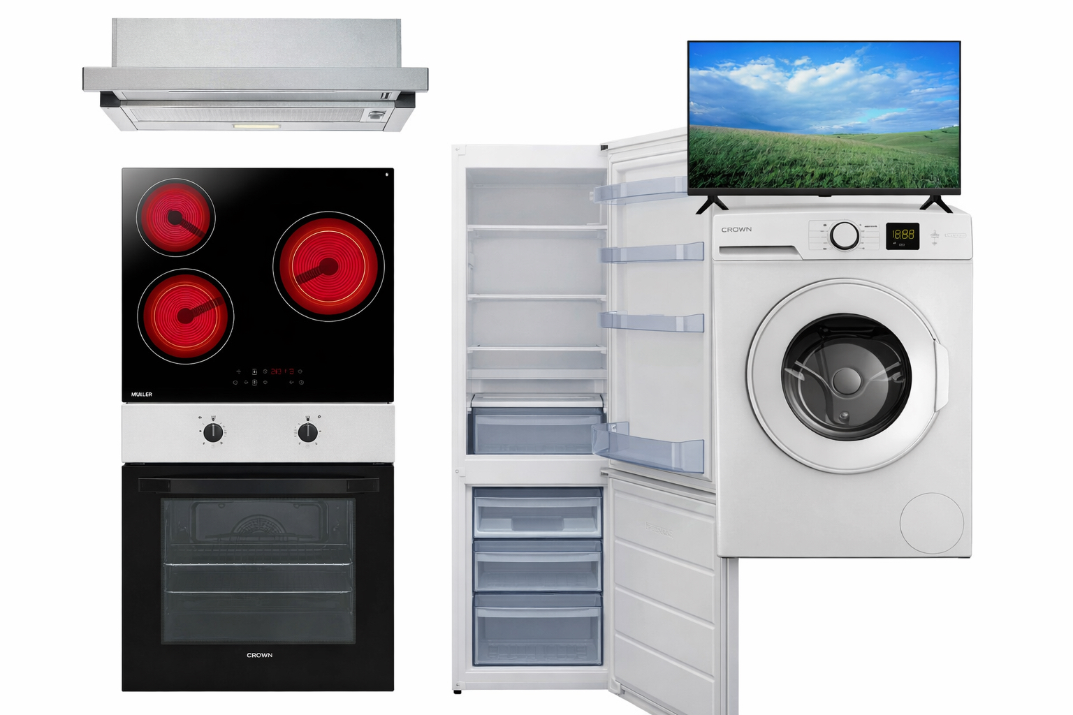 Σετ Φούρνος Εστία, Απορροφητήρας FCM 106AIX + CHP32 + CT6040IX + GN3130 + LW86T + 43FB12AWF, Crown